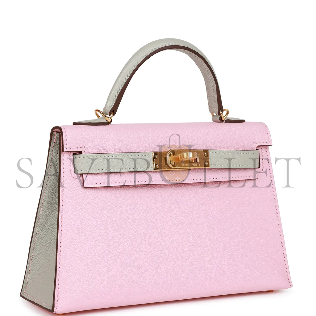 HERMÈS MASTER MINI KELLY II ROSE SAKURA AND GRIS PERLE CHEVRE GOLD HARDWARE (19*12*5.5cm) 